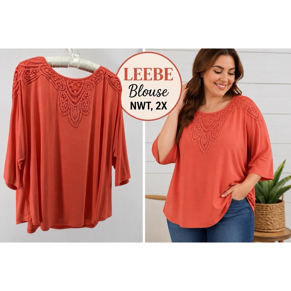 LEEBE Coral Boho Crochet Lace Yoke Tunic Top Flowy Dolman Sleeve NWT 2X Chic
